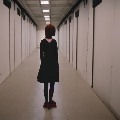 Prompt: a lone female android girlfriend stands motionless in front of the camera in an empty retail backroom room with cinestill 7 0's film liminal, flash photography