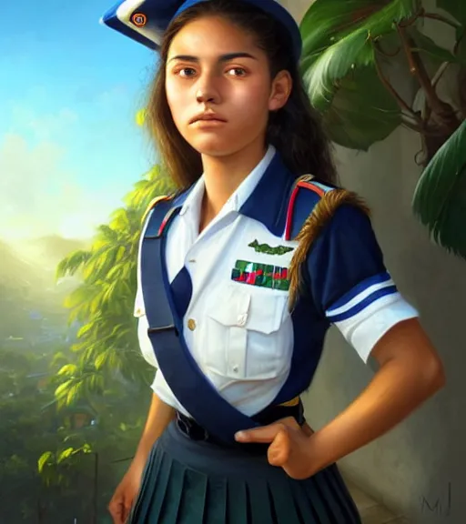 Prompt: portrait of an Italian Mexican teen female schoolgirl wearing a navy and white sepuku uniform and jumping outside a green trashbin in Kalakaua avenue in Waikiki, intricate, elegant, highly detailed, centered, digital painting, artstation, concept art, smooth, sharp focus, illustration, by Peter Mohrbacher, WLOP