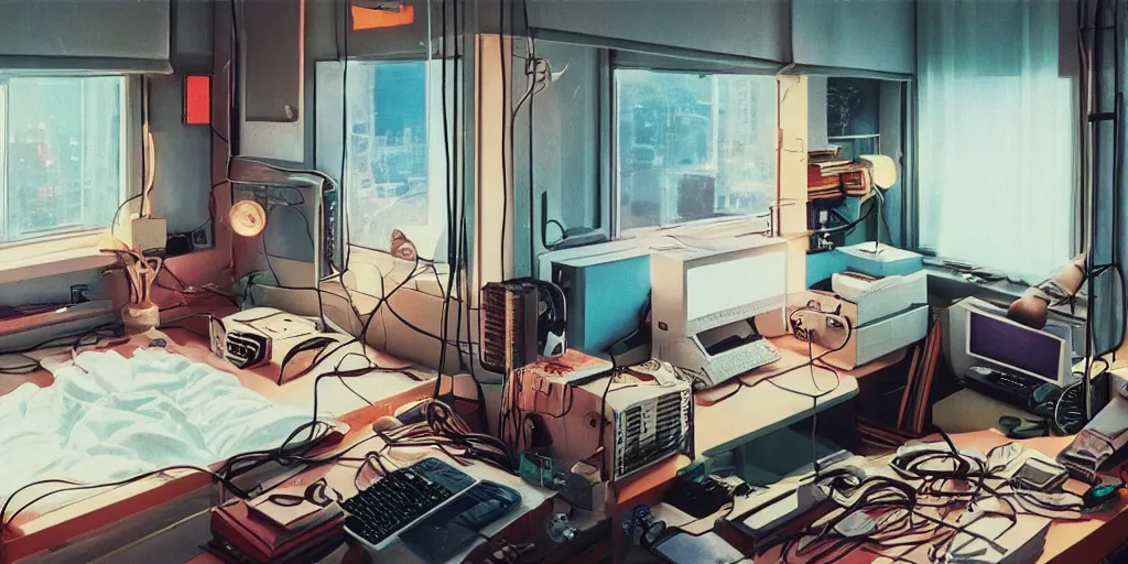 Image similar to cozy 8 0 s bedroom retrofuturism, cluttered, wires everywhere, computer, window, detailed