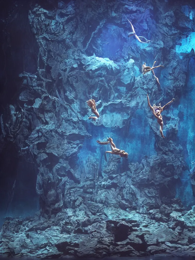 Image similar to a shakespeare stage play, under water, dark blue mist, atmospheric, set design by Michel Crête, Aerial acrobatics design by André Simard, hyperrealistic, 4K, Octane render, unreal engine, psychedelic black light style, Baraka