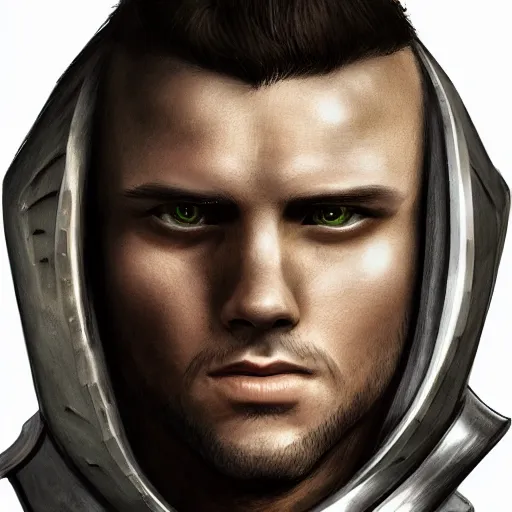 Image similar to realistic portrait, 30 year old man :: athletic, metal armour, majestic, authority, sword :: high detail, digital art, RPG, concept art, illustration