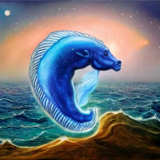 Prompt: a beautiful, celestial, oceanic hippocampus rising from the sea, fantasy art,