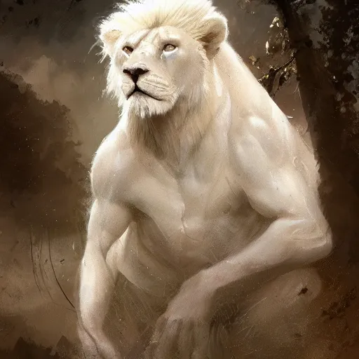 Prompt: commission portrait of a fit albino male lion,anthro,character design by charles bowater,greg rutkowski,ross tran,hyperdetailed,hyperrealistic,4k,deviantart,artstation,professional photography,concept art