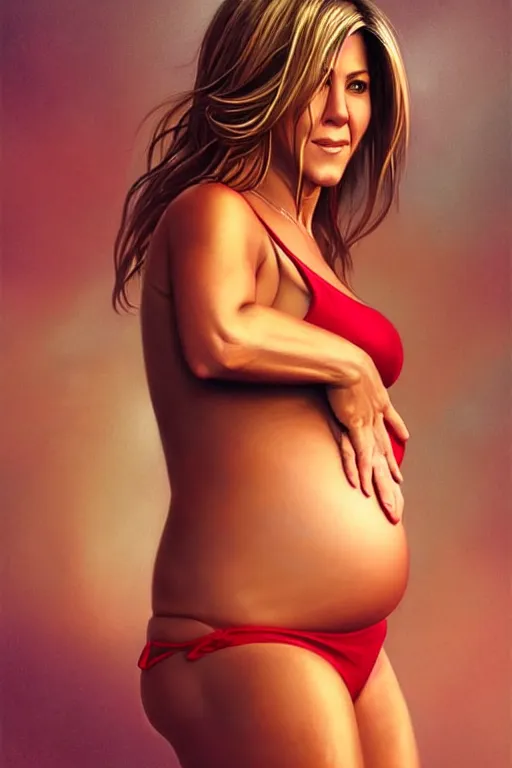 Image similar to pregnant jennifer aniston in a red bikini, realistic portrait, symmetrical, highly detailed, digital painting, artstation, concept art, smooth, sharp focus, illustration, cinematic lighting, art by artgerm and greg rutkowski and alphonse mucha