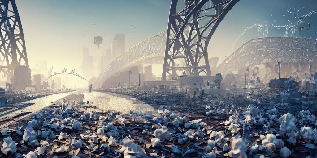 Prompt: explosions in the form of realistic white cotton plants on harbour bridge, huge white cotton everywhere on the destroyed harbour bridge, smooth, sharp focus, highly detailed, 3 d octane render, epic lighting, lots of white cotton, 8 k, by by petros afshar, tom whalen, laurie greasley