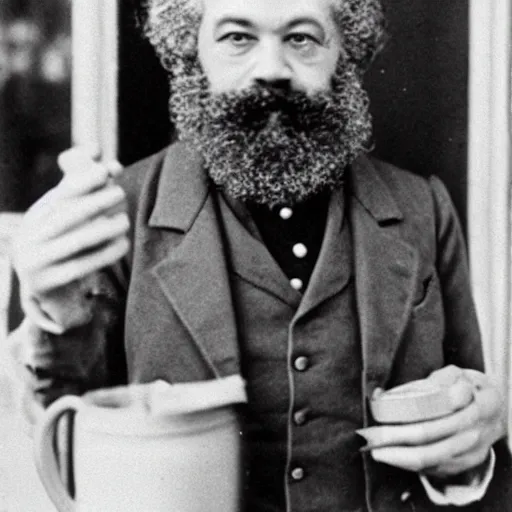 Prompt: Karl Marx dressed as a Starbucks Barista, photograph