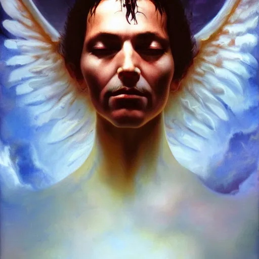Image similar to ultra realistic medium shot head and shoulders masterpiece portrait painting of the a fallen angel, cosmic horror, artstation, art by frank frazetta, 4 k, ultra realistic, highly detailed, epic lighting
