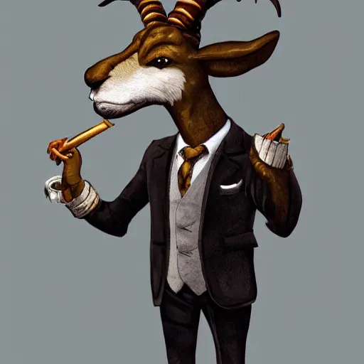 Image similar to award winning character art commission of an anthro furry humanoid goat smoking a cigar, three piece suit, character concept design, painting, detailed, vivid, trending on artstation