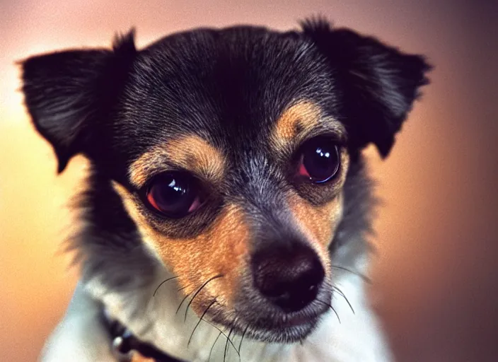 Image similar to a extreme close - up photo, color studio photographic portrait of a little dog, dramatic backlighting, 1 9 7 3 photo from life magazine,