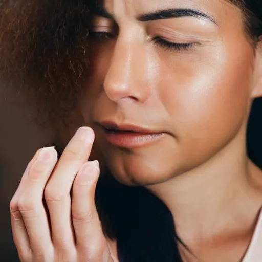Image similar to 1 3 mm close up photo of a woman wiping away her tears with sandpaper, sharp focus