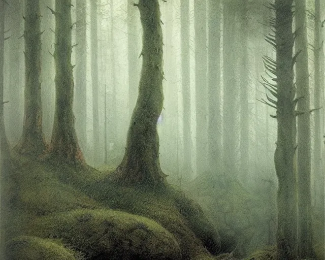Image similar to scandinavian folklore with trolls and elves, misty forest in the style of john bauer, dramatic lighting, lithography