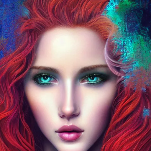 Prompt: beautiful young woman, red-haired, extremely detailed gorgeous face, sad eyes, sexy, life-like, photo realistic, magical, vaporwave aesthetic, synthwave, long luxurious gown, colorful, psychedelic, intricate, elegant, highly detailed, digital painting, artstation, concept art, smooth, sharp focus, illustration, art by artgerm and greg rutkowski and alphonse mucha