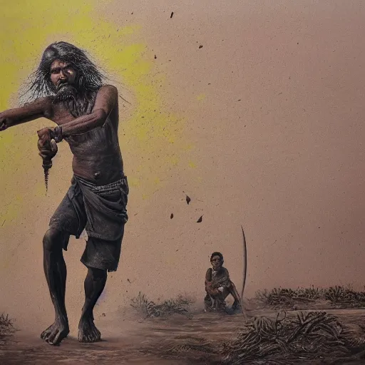 Image similar to portrait of head and body, single bangla farmer fighting on hoseback, hand to hand combat with machete, wielding machete, full body view, long flowing hair, fighting for his life, nebula aura surrounding subject, horseback combat attacker foreground, background of invading army, nestor canavarro hyperrealist art style, sharp outlines