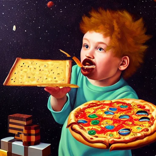 Prompt: highly detailed oil painting by caravaggio in the minecraft universe of a happy little boy flying through space eating pizza and cheese, where the planets are candy, hd, trending on artstation