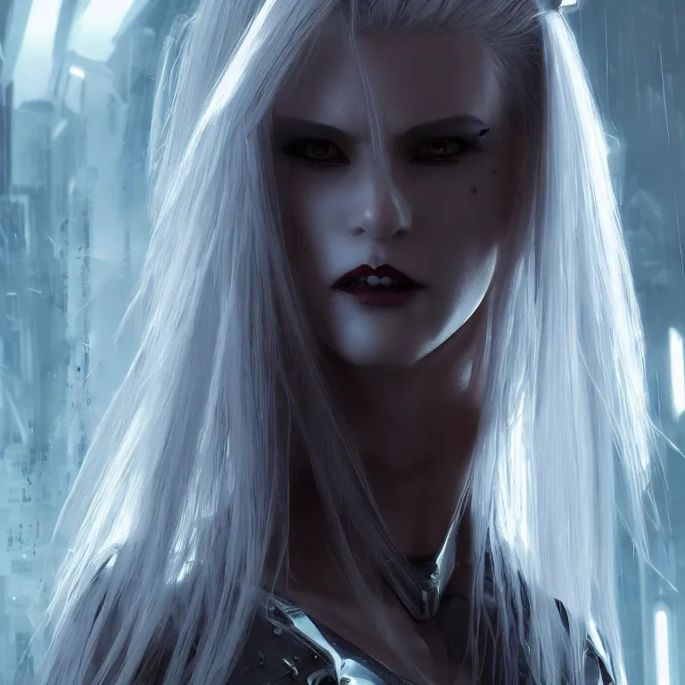 Image similar to cyberpunk female vampire, with brilliant silver flowing hair, concept art by jama jurabaev, cinematic shot, trending on artstation, hybrid from the elden ring and art direction by darius zawadzki ; by artgerm ; wayne reynolds art station ; cinematic quality character render ; low angle ; ultra high quality model ; production quality cinema model