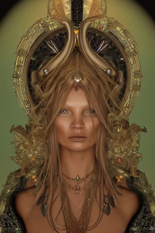 Prompt: a realistic dark photo of a beautiful metallic ancient alien woman goddess kate moss in jewelery and fractals in style of alphonse mucha art nuvo dmt trending on artstation made in unreal engine 4