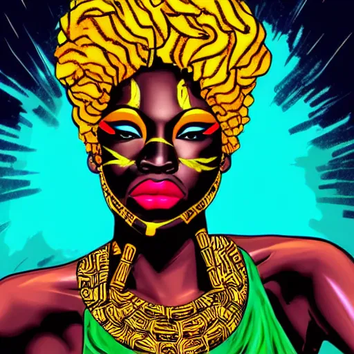 Prompt: black woman, afrofuturist, cell shaded, comic book style art, gold jewelry, african face paint, retro