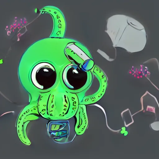 Prompt: a cute acqua green little octopus playing videogames, with various joypads in his tentacles and a pair of headphones, dark black background, digital drawing, photoshop, high definition, good shading, artstation contest winner