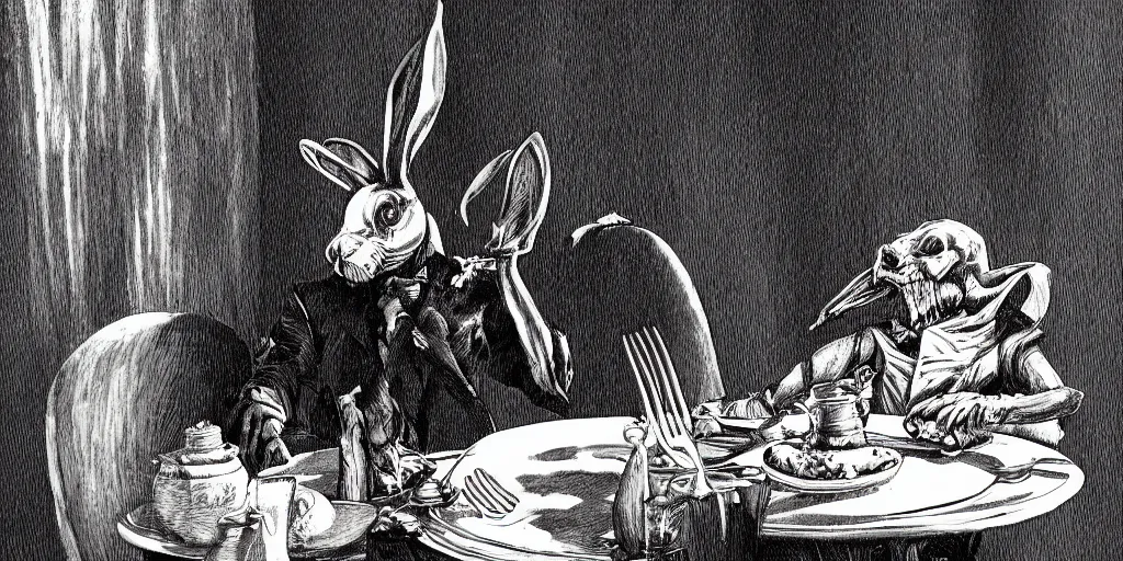 Image similar to An evil detailed white rabbit eating human bodyparts with a knife and fork sitting on a chair at the dinner table, by Mike Francini, Artstation, Dark, Fantasy, bloody, scary, spooky, detailed