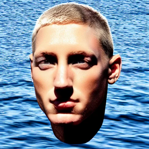 Prompt: giant eminem head hovering over the ocean, highly intricate, hyper realistic, 8 k