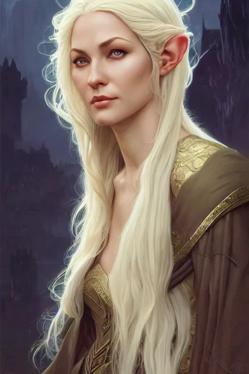 Image similar to portrait of an old blonde elven mage, dark, piercing eyes, gentle expression, elegant clothing, photorealistic, highly detailed, artstation, smooth, sharp focus, art by michael whelan, artgerm, greg rutkowski and alphonse mucha