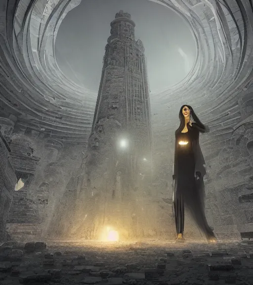 Image similar to ethereal picture of tarkovsky greatest scene, aura of the ancient destroyed majestic tower of babylon, a woman in futuristic cyber clothing, transparent puffer jacket, hyperealistic, blockchain, cyber world, ambient lighting, concept art, intricate, hyper detailed, smooth, dynamic volumetric lighting, ocatane, ray trace, cinematic, high quality, cgsociety