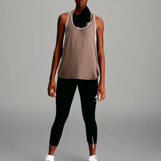 Image similar to realistic photoshooting for a new nike lookbook color film photography portrait of a beautiful woman model wearing a taupe pelagia tank top, photo in style of tyler mitchell