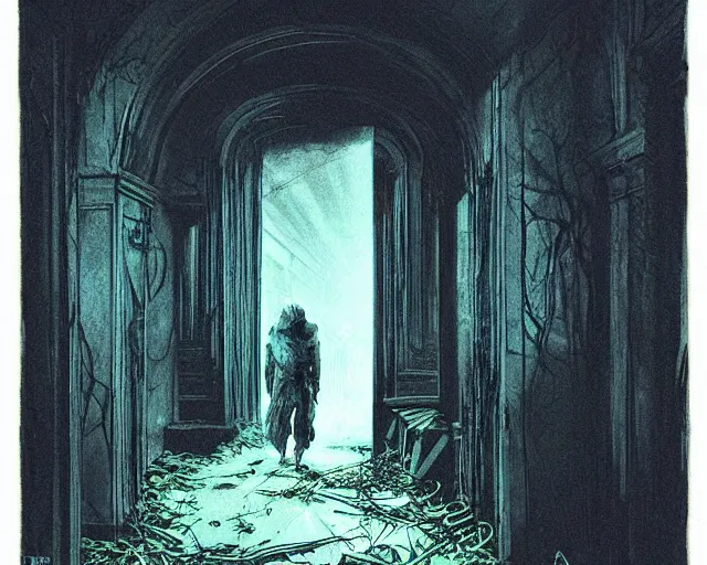 Prompt: in this ominous scene, we see a long twisting corridor leading to a door with light spilling beneath it, a mysterious ghostly figure passes through old wallpaper, art by bernie wrightson, foreboding, creepy, dusty, abandoned, colorful, blue and gold color scheme