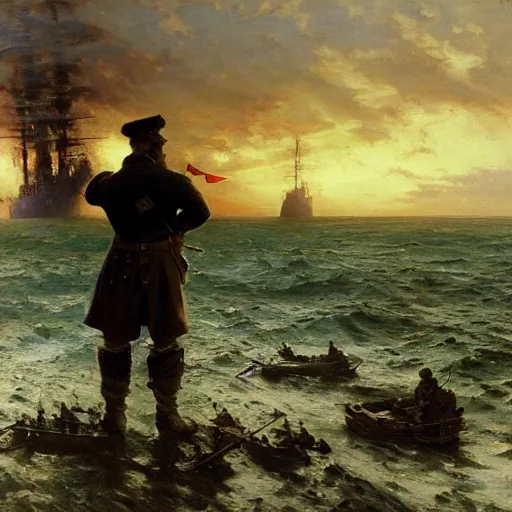 Image similar to detailed cinematic wide shot of swedish sea captain back view seeing his world war 2 battle ship attacking denmark, ultra realistic, spring light, painting by gaston bussiere, craig mullins, j. c. leyendecker