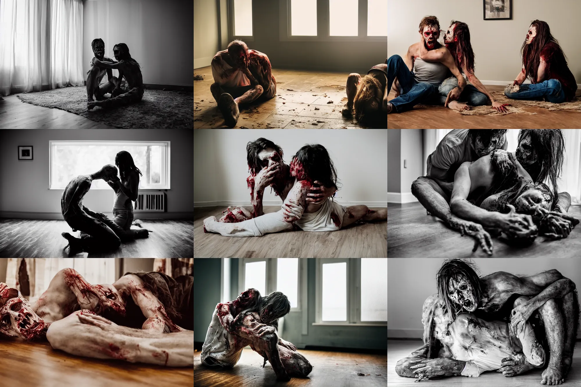 Prompt: zombie man sitting on the floor while devouring a woman, hugging each other in living room of a modern kentucky house, cinematic, horror movie, low - key lighting, rimlight