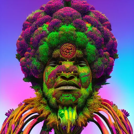 Image similar to an african marijuanna! shaman with an afro made of flowers, third eye art art by machina infinitum, complexity from simplicity, rendered in octane, mandelbulb 3 d, ambient occlusion, macro photography, felt!!! texture, tribal, neon! retrowave