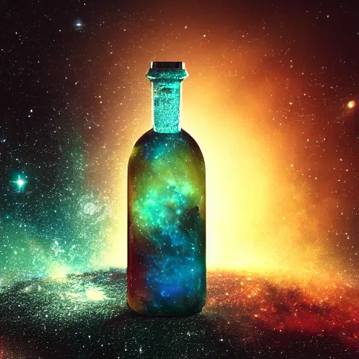Prompt: a glass bottle on a dark background, with galaxies, planets and stars inside the bottle, digital art, octane render, dramatic, apocalyptic, cinematic rendering, 8 k