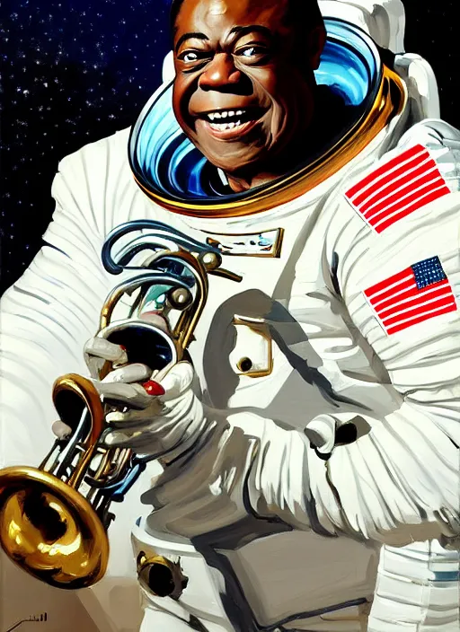 Prompt: a portrait of louis armstrong wearing a space suit on the moon, trumpet!!!!!, by greg manchess and john singer sargent and jonathan yeo, dramatic lighting, highly detailed digital painting