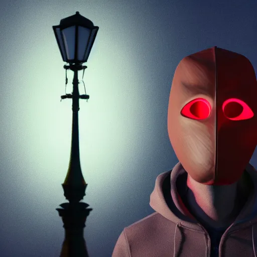 Image similar to 3D render of guy in the mask with the hood in the night city under the glowing lamp digital art pixel