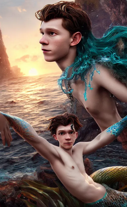 Image similar to tom holland as a charming mermaid work safe dreamlike with jewelry, character art, hyperdetailed, 8 k realistic, frostbite 3 engine, cryengine, dof, trending on artstation, digital art