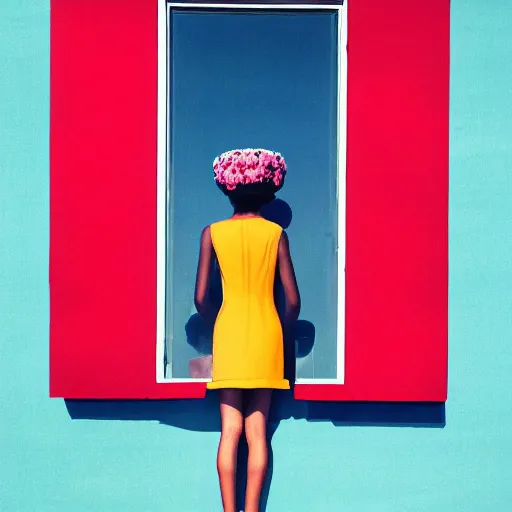 Image similar to giant flower head, girl standing by 1 9 6 0 window, surreal photography, symmetry, mid century, flat perspective, bright colours, blue sky, realistic, wes anderson