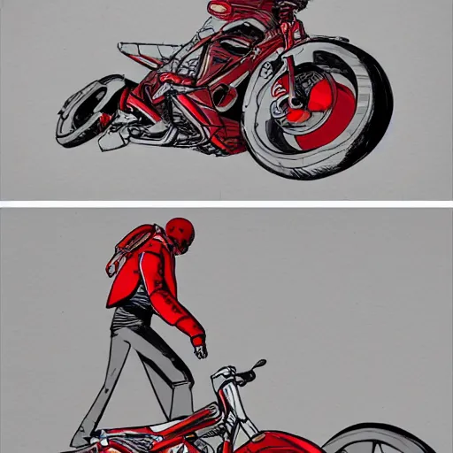 Image similar to man with a red jacket walking toward a red futuristic racing motorbike, isometric view, ink drawing, panoramic view, wide angle, ultra realistic, intricate details, cyberpunk, ultra detailed, sharp focus, trending on artstation