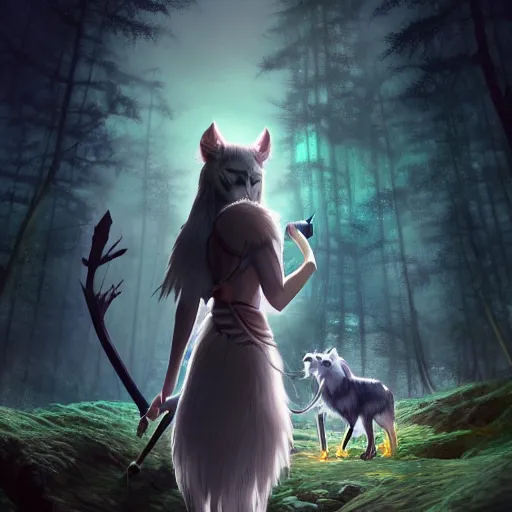 Image similar to Princess Mononoke holding a spear, standing next to Moro the white wolf, in a bioluminescent forest at night, with the Princess Mononoke Nightwalker in the background, portrait by loish and WLOP, octane render, dark fantasy, trending on ArtStation