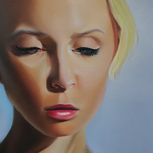 Image similar to portrait of crying blonde fashion model, hyperrealism oil painting