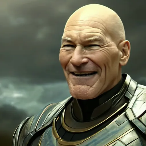 Prompt: Patrick Stewart as Thanos smiling. Ultra Realistic, 4k, close up,