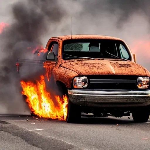 Image similar to photograph of a rusty dodge ram on fire in the street