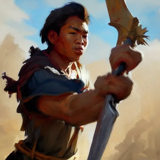 Image similar to greg manchess portrait of a filipino fighter dropping his sword, organic painting, sunny day, matte painting, bold shapes, hard edges, street art, trending on artstation, by huang guangjian, gil elvgren, ruan jia, randy vargas, greg rutkowski