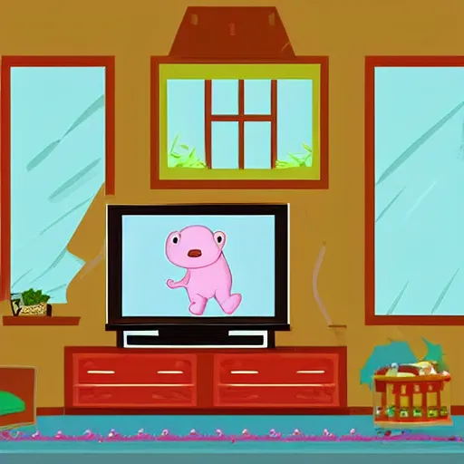 Prompt: a baby hippo lives in a cozy house. it likes to watch tv in the family room. digital art.