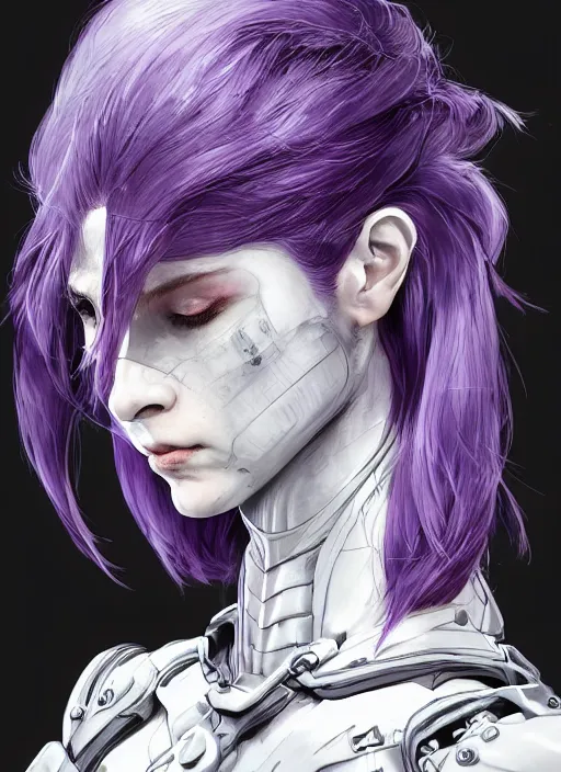 Prompt: close up portrait of a pale woman in sci - fi armor with purple hair, powerful, domineering, stoic, masterful, intense, ultrafine hyperdetailed illustration by kim jung gi, irakli nadar, intricate linework, sharp focus, octopath traveler, yoji shinkawa, yoshitaka amano, detailed, concept art