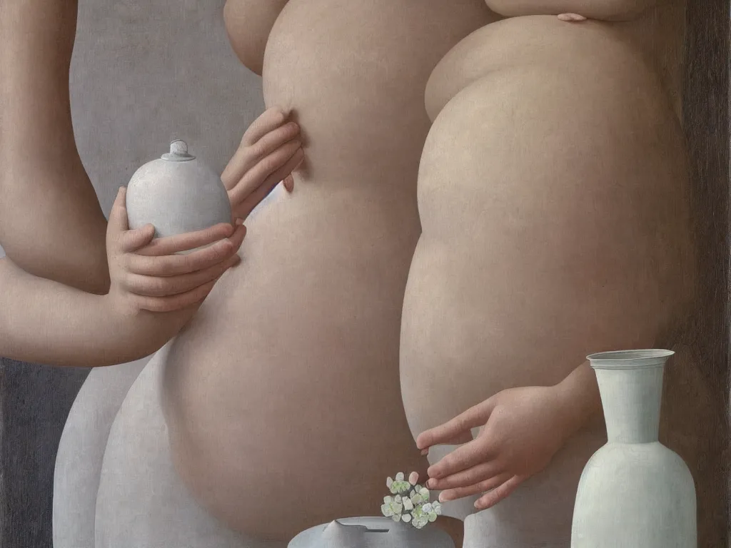 Prompt: Close up of delicate hands holding a white water jug, pregnant belly, lily flower. Painting by Alex Colville, Piero della Francesca, Morandi