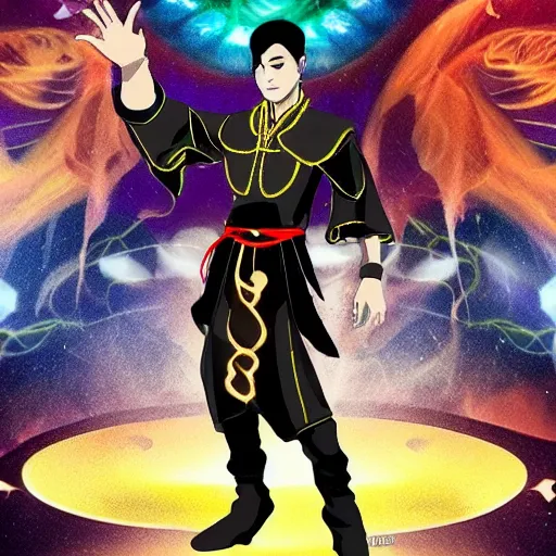 Image similar to A man with dark magic superpowers in the genshin impact style