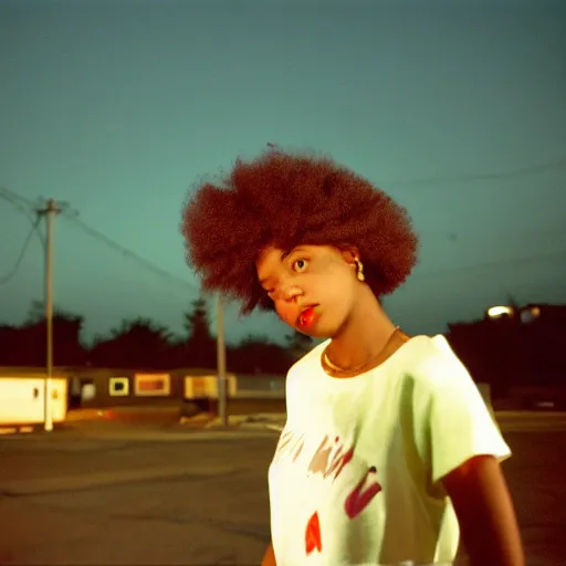 Image similar to teenager light - skin girl, afro hair, stares at the camera, night sky, stars, bruce gilden, leica s, fuji 8 0 0, grainy, low light