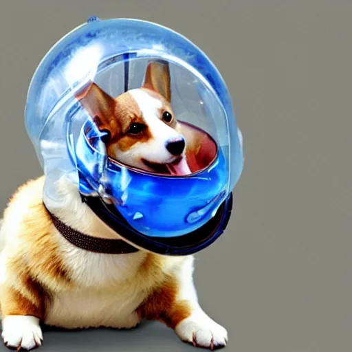 Image similar to a corgi in a space helmet floating in outer space