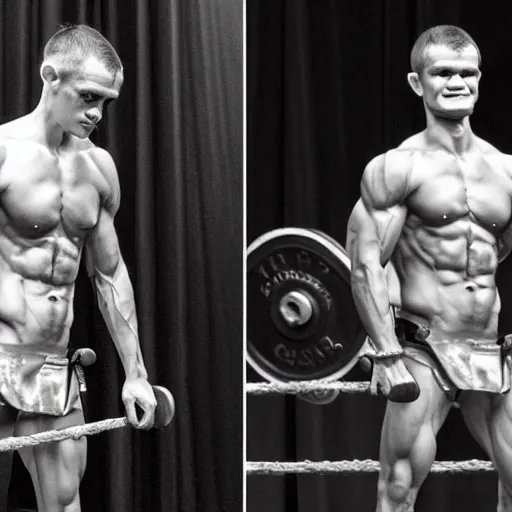 Prompt: vitalik buterin bodybuilder, macho, strong, photo