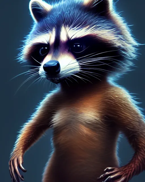 Image similar to Very cute Racoon, (((artstation, concept art, smooth, sharp focus, artgerm, Tomasz Alen Kopera, Peter Mohrbacher, donato giancola, Joseph Christian Leyendecker, WLOP, Boris Vallejo))), octane render, unreal engine, 3d render, , octane render, nvidia raytracing demo, grainy, muted